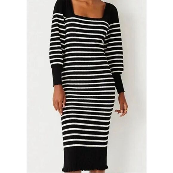 Ann Taylor black and white fitted sweater dress midi size medium Petite - Picture 1 of 5